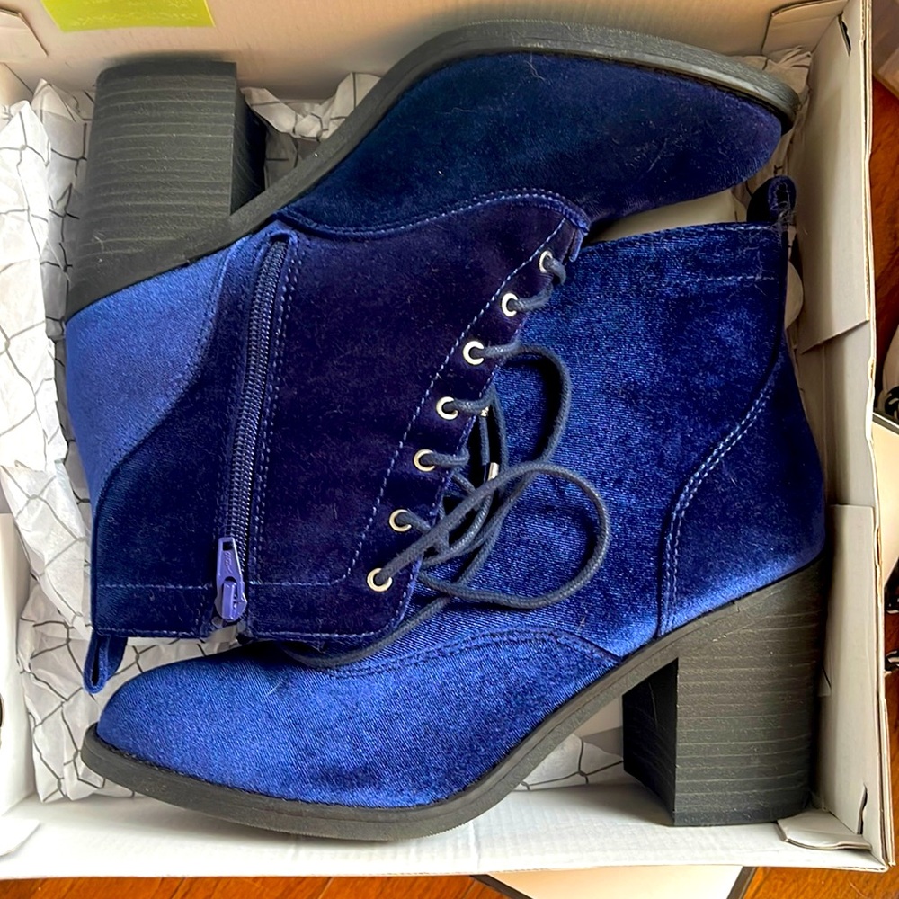 Blue suede heeled boots. Worn once.